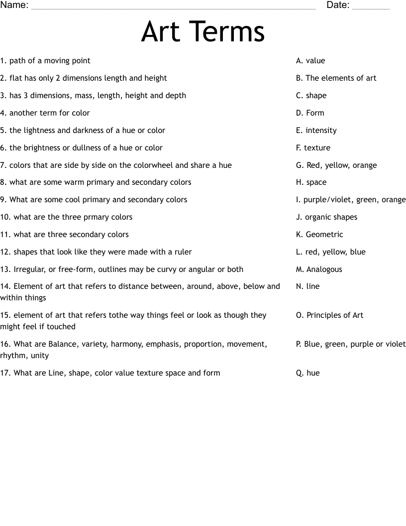 Art Terms Worksheet