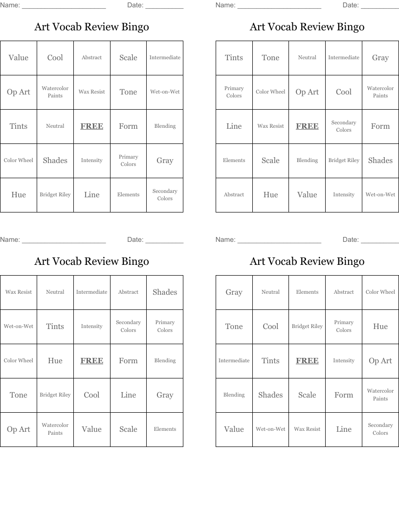 Art Vocab Review Bingo 