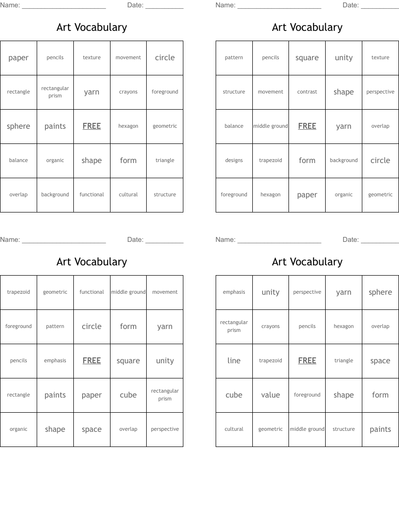 Art Vocabulary Bingo Cards