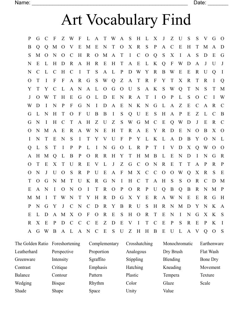Art Vocabulary Find Word Search