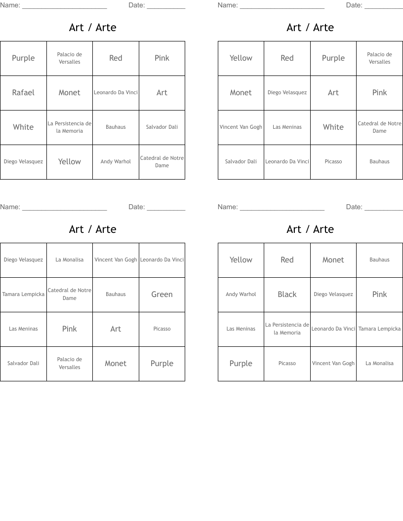 Art / Arte Bingo Cards
