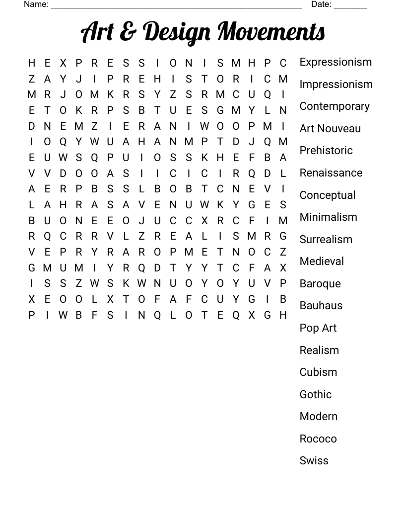 Art & Design Movements Word Search