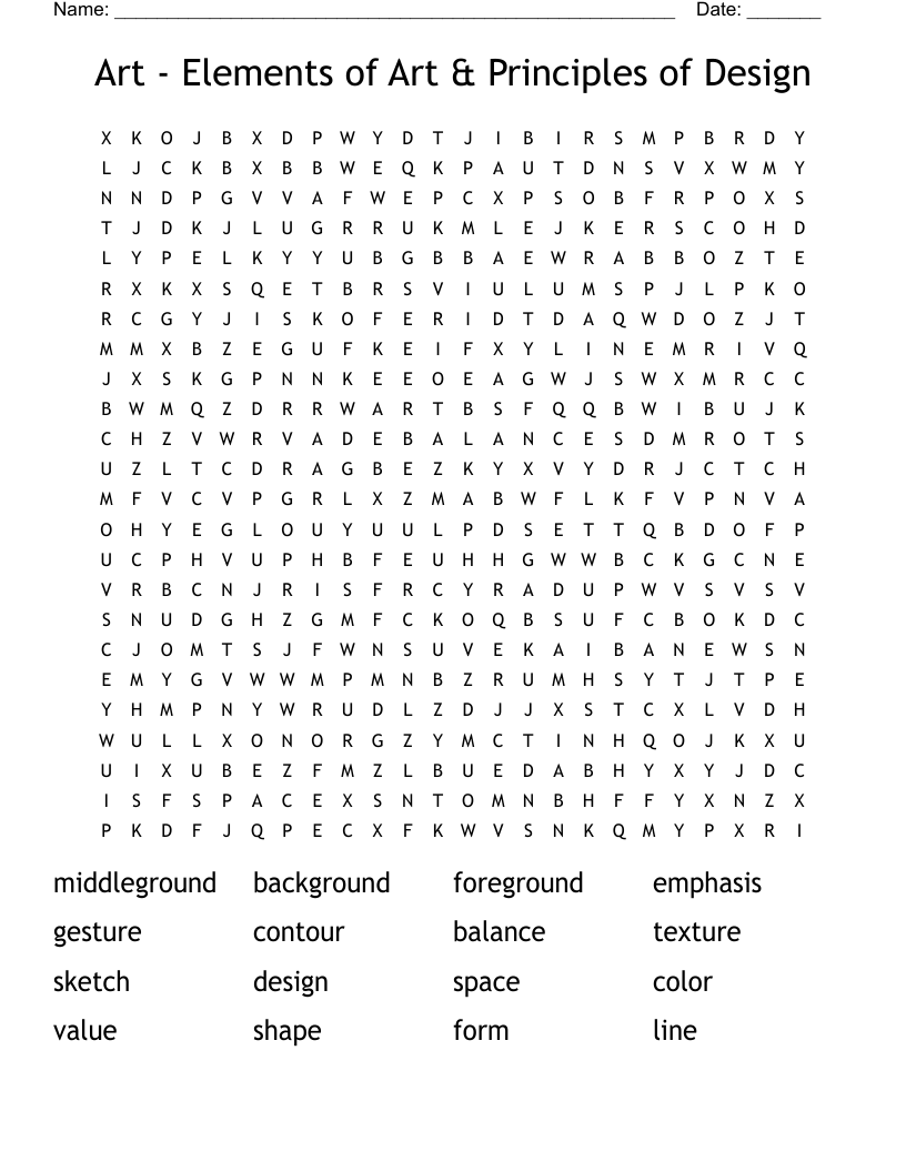 Art - Elements of Art & Principles of Design Word Search