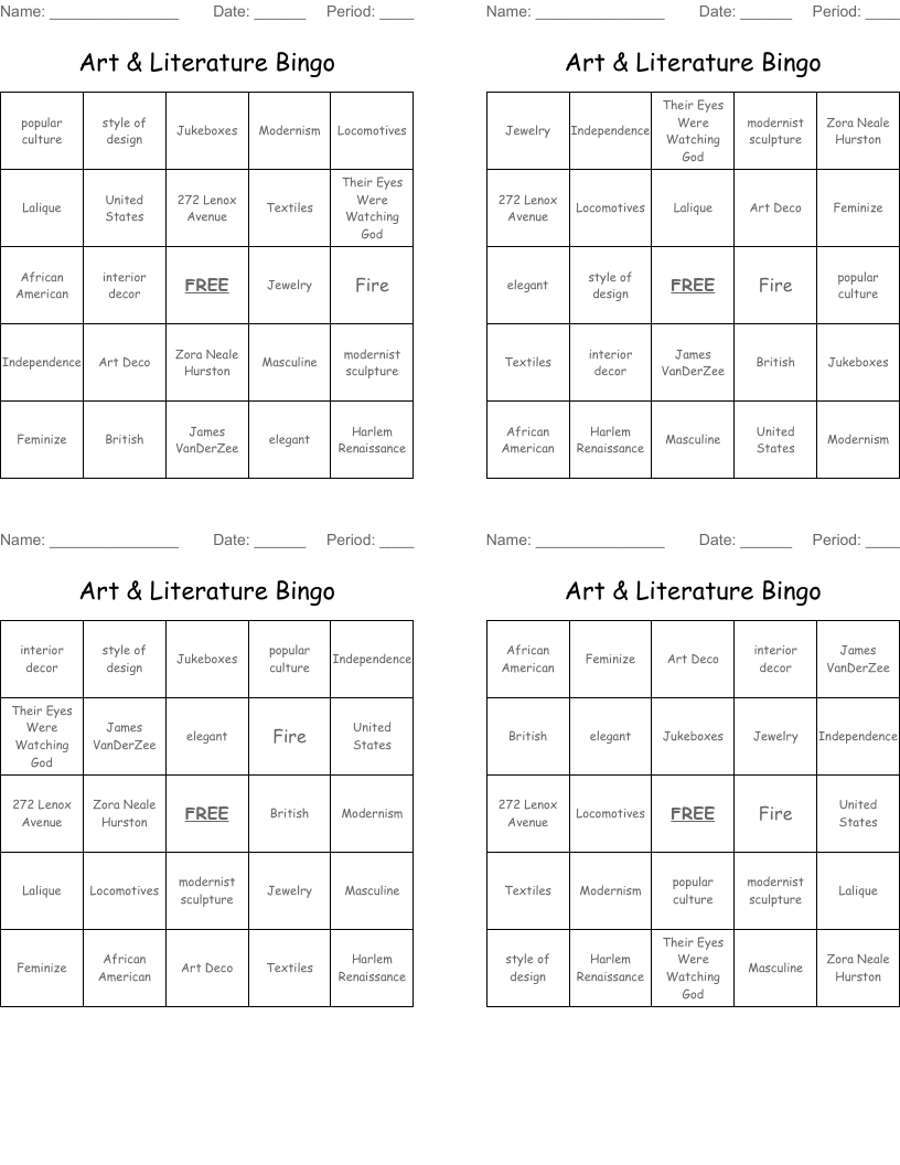 Art & Literature Bingo  