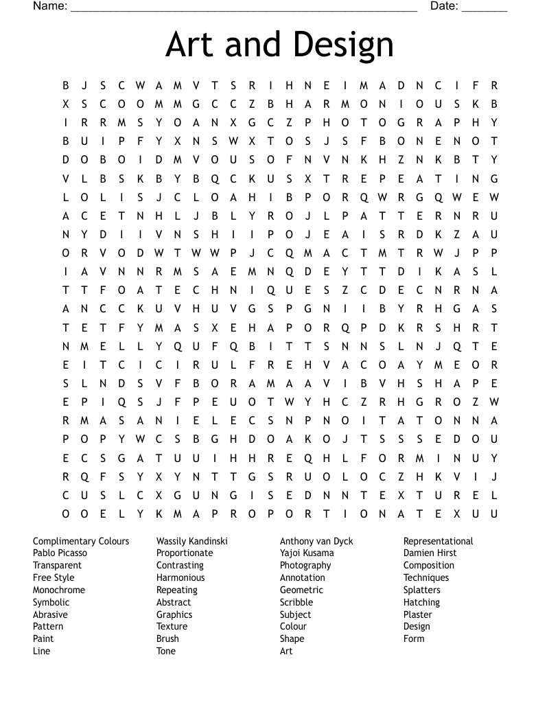 Art and Design Word Search