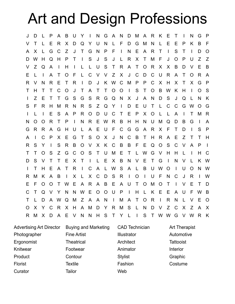 Art and Design Professions Word Search