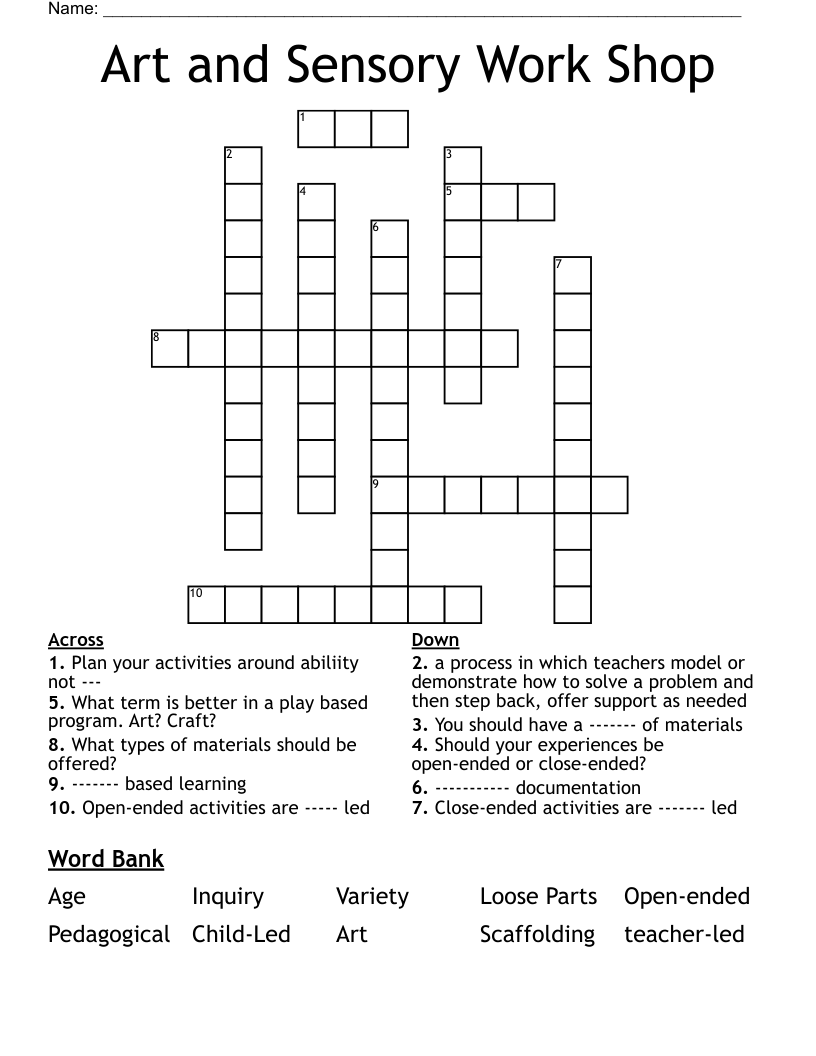 Art and Sensory Work Shop Crossword