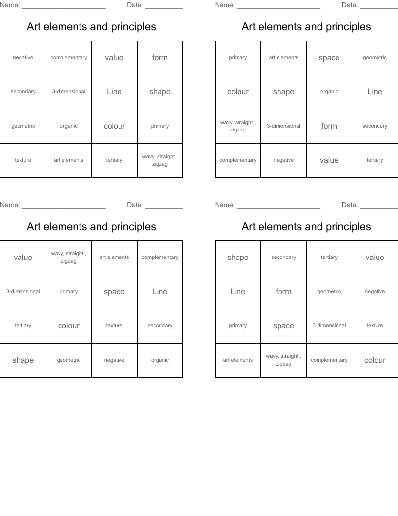 Art elements and principles Bingo Cards