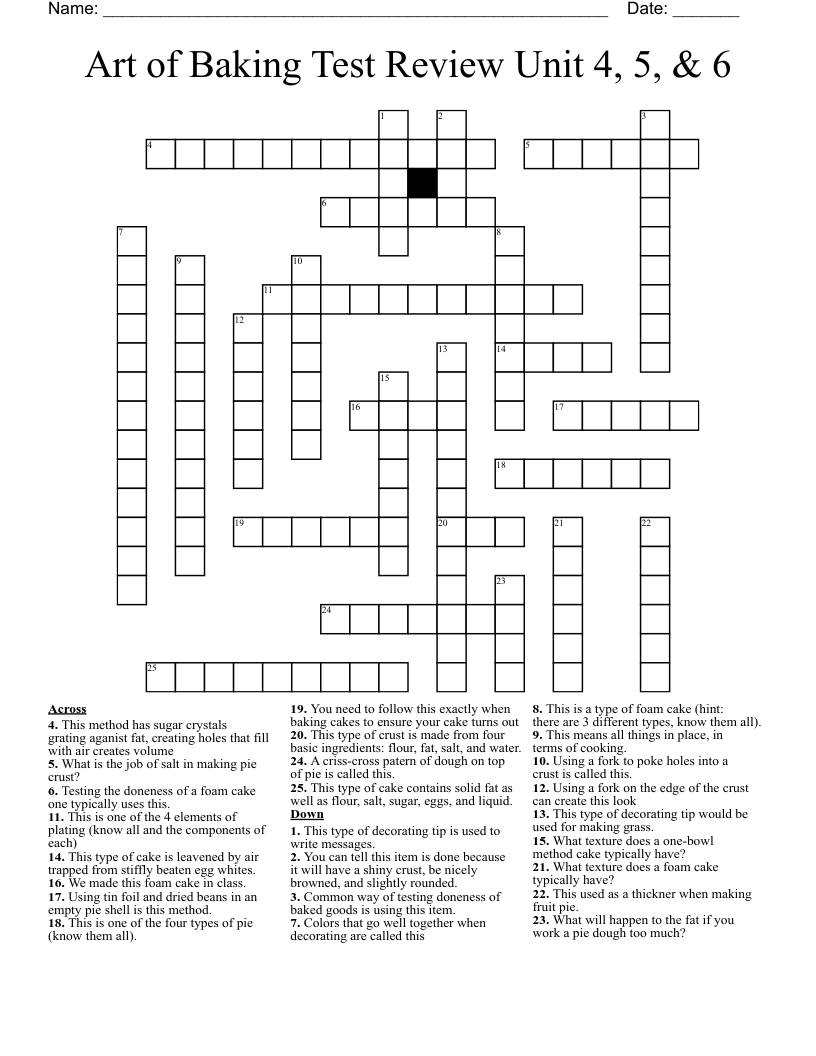 Art of Baking Test Review Unit 4, 5, & 6 Crossword