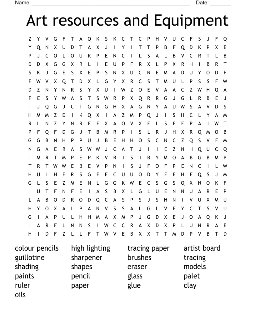 Art resources and Equipment Word Search