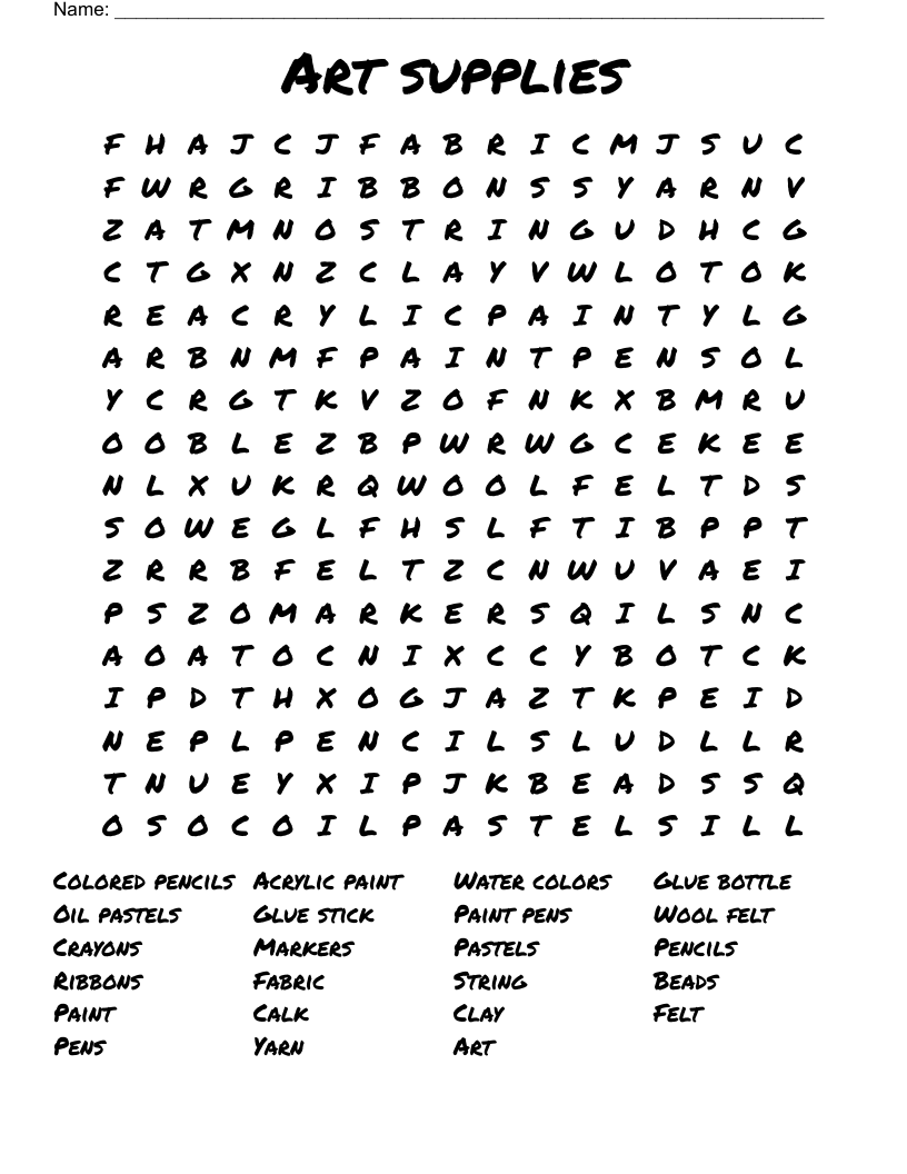 Art supplies Word Search