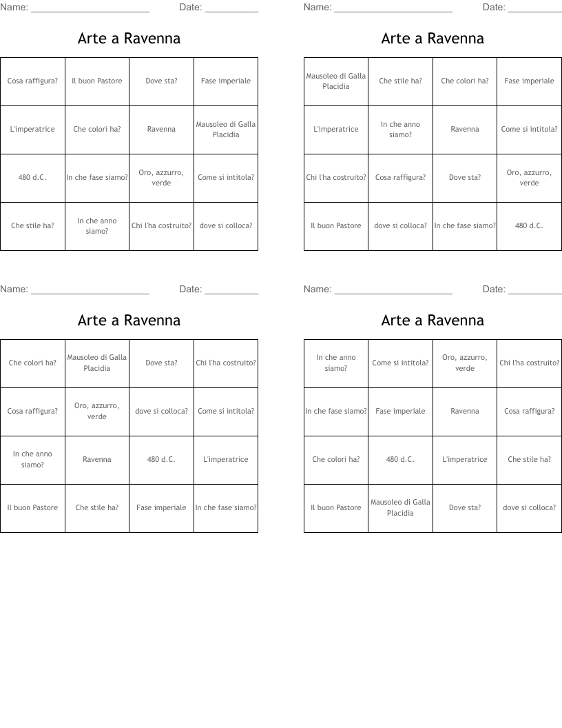Arte a Ravenna Bingo Cards