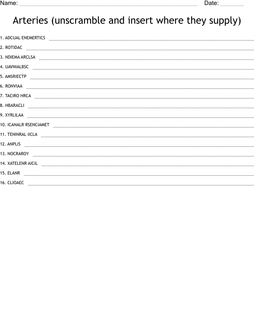 Arteries (unscramble and insert where they supply)