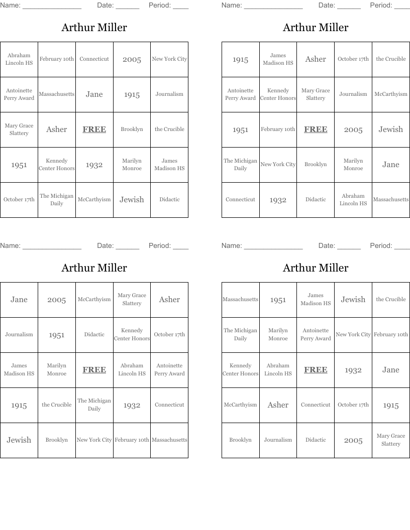 Arthur Miller Bingo Cards