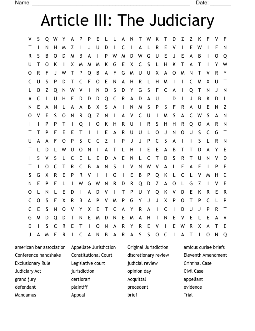 Article III: The Judiciary Word Search