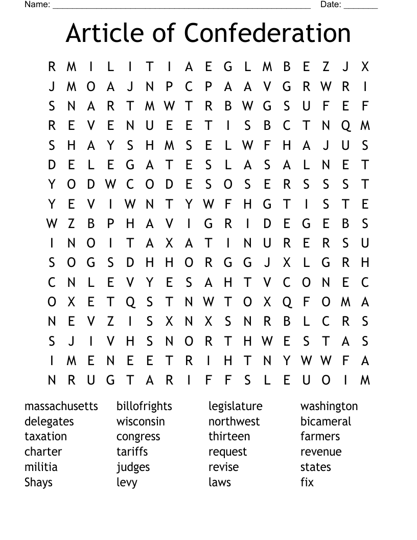 Article of Confederation Word Search