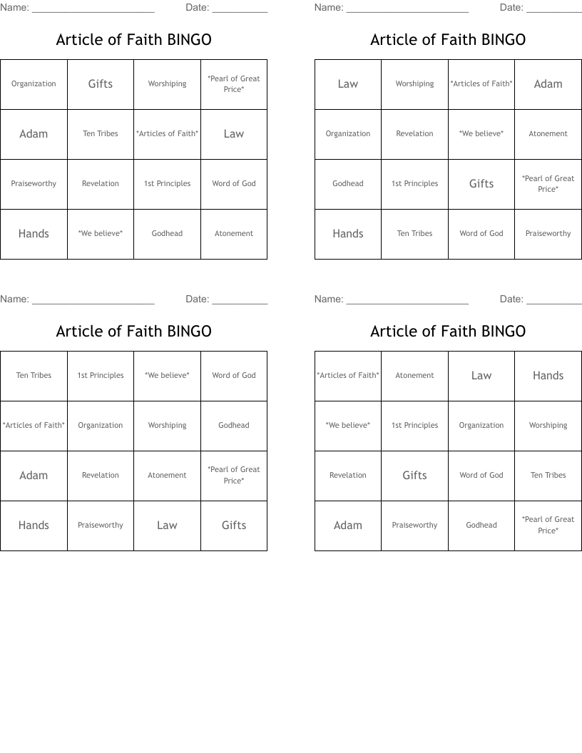 Article of Faith BINGO