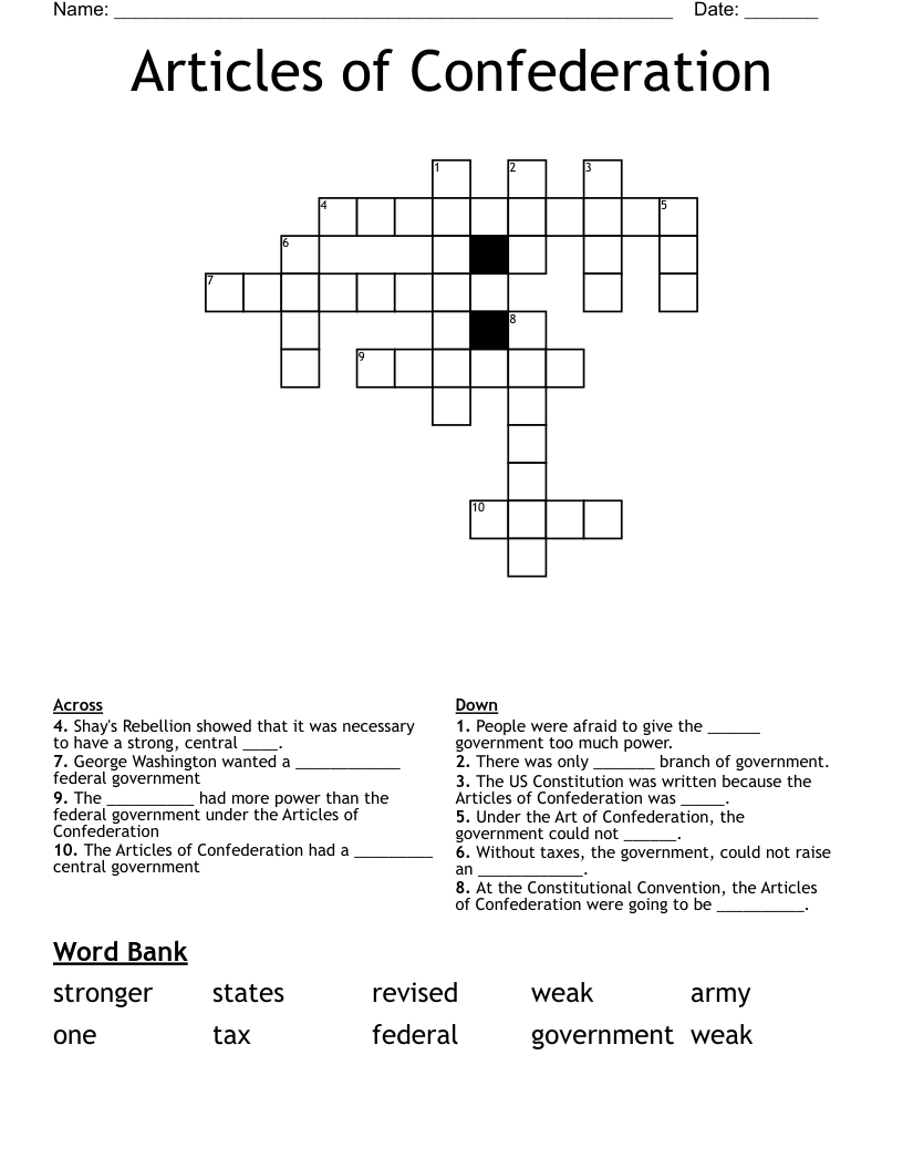 Articles of Confederation Crossword