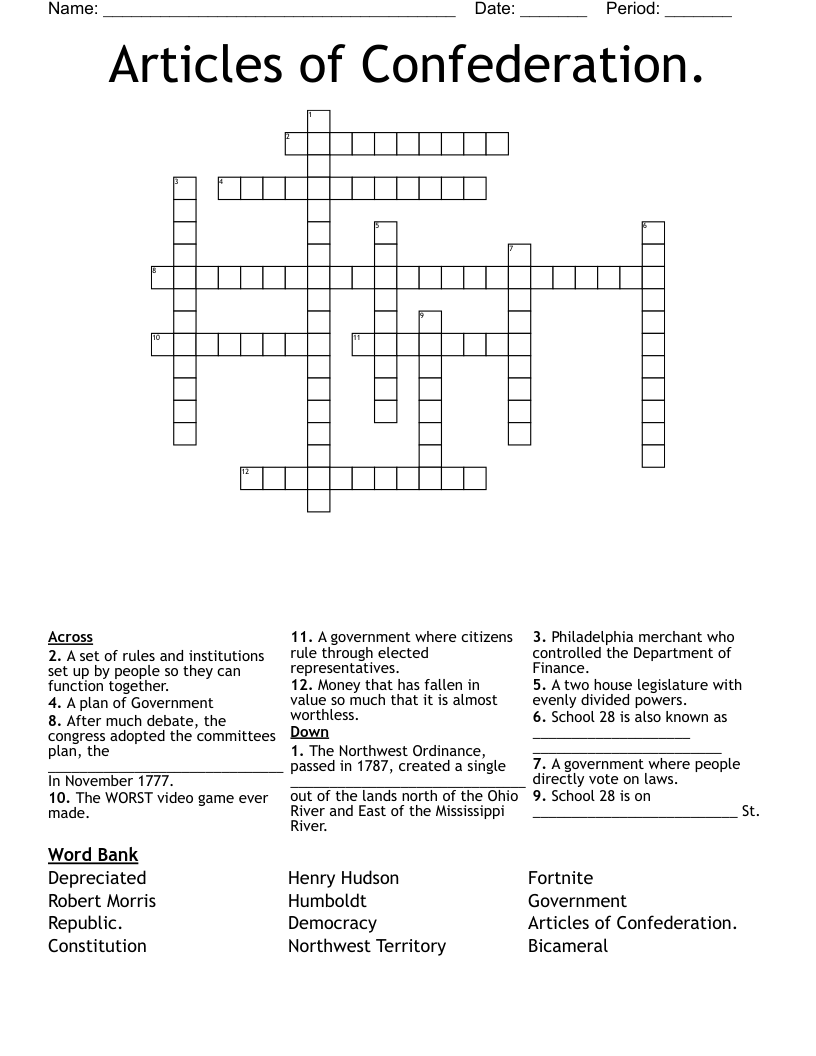 Articles of Confederation. Crossword