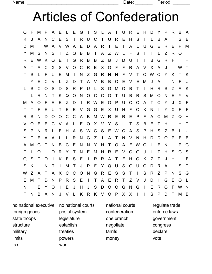 Articles of Confederation Word Search
