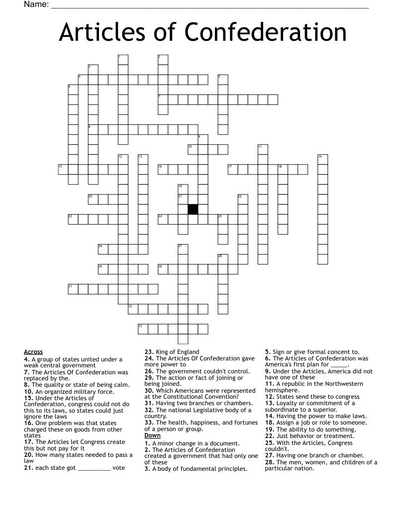 Articles of Confederation Crossword