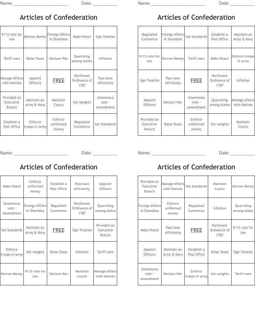 Articles of Confederation Bingo Cards