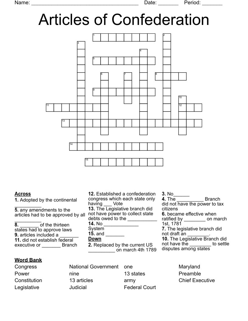 Articles of Confederation Crossword