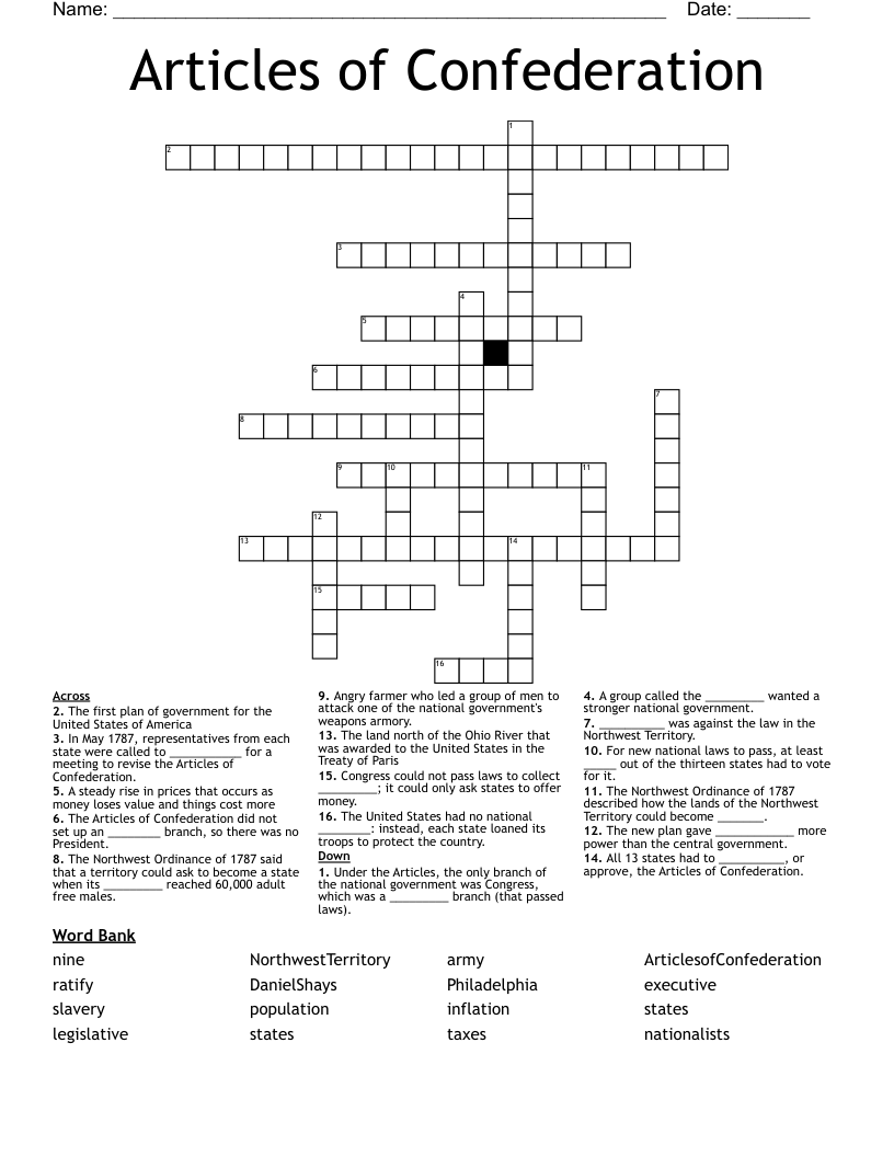 Articles of Confederation Crossword