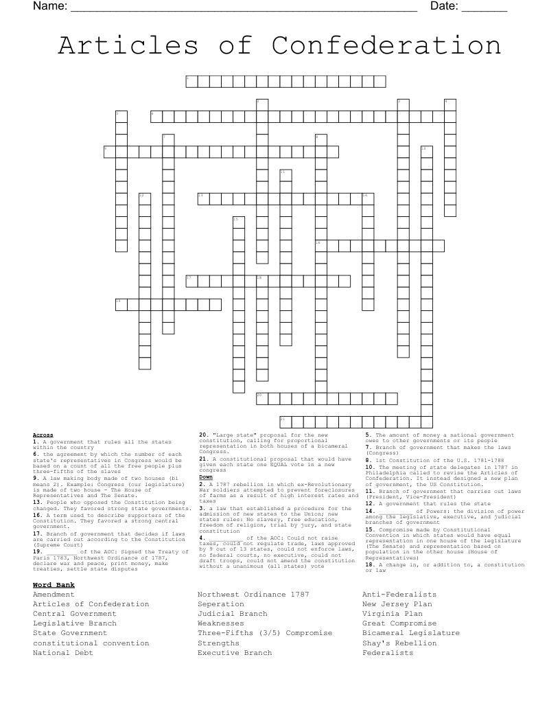 Articles of Confederation Crossword