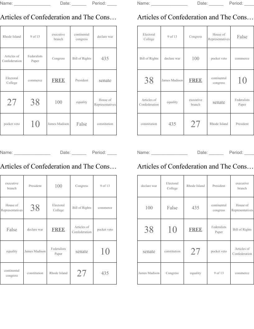 Articles of Confederation and The Constitution Bingo Cards