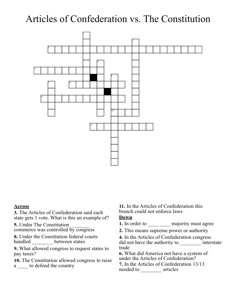 Articles of Confederation vs. The Constitution  Crossword