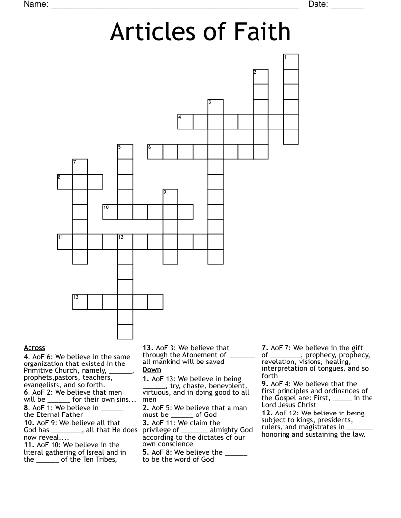 Articles of Faith Crossword