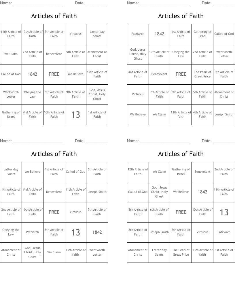 Articles of Faith Bingo Cards