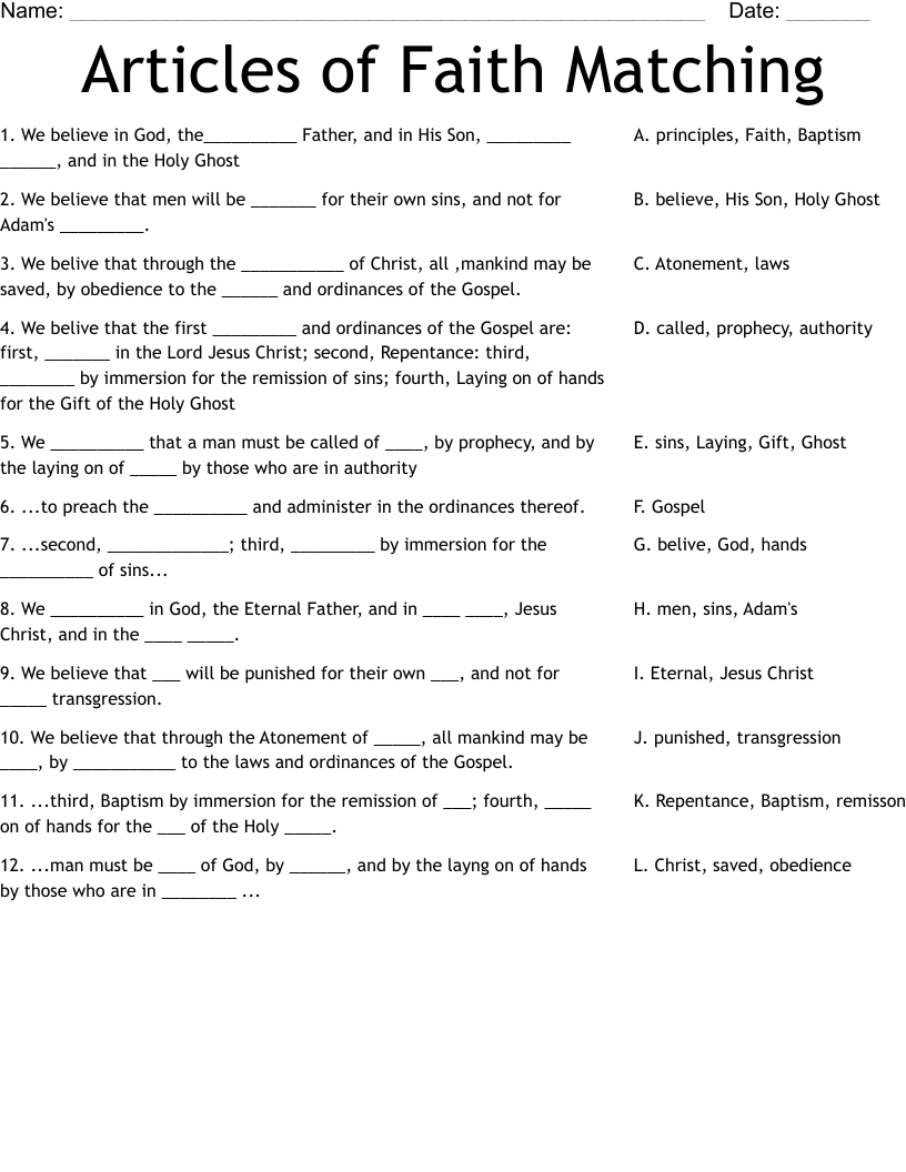 Articles of Faith Matching Worksheet
