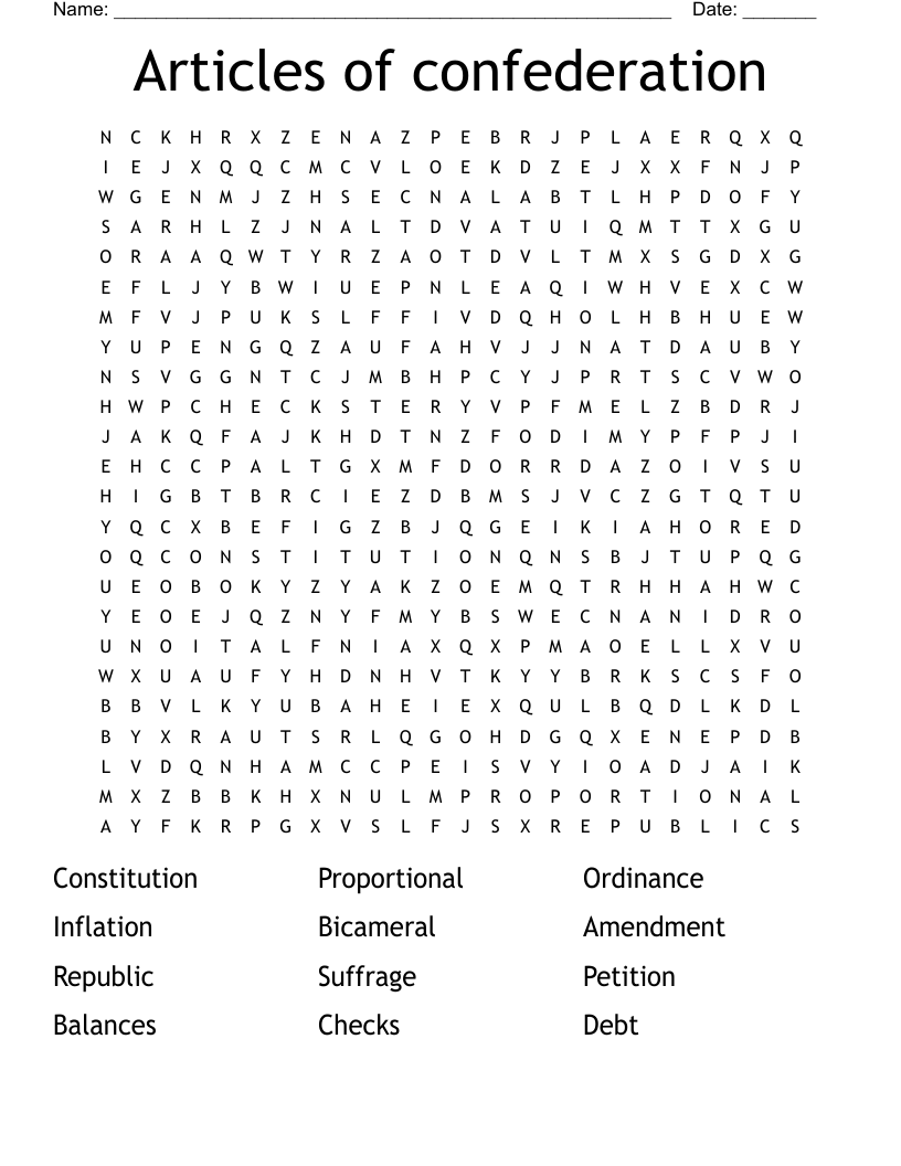 Articles of confederation Word Search