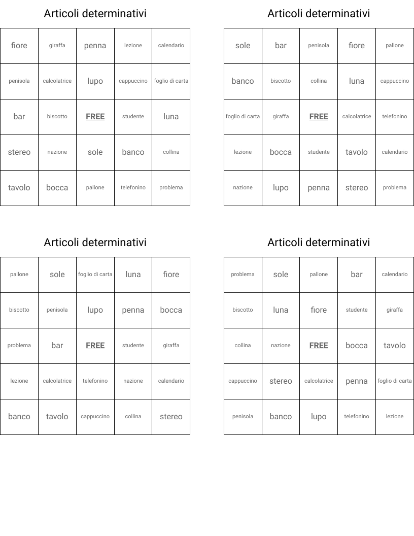 Articoli determinativi Bingo Cards