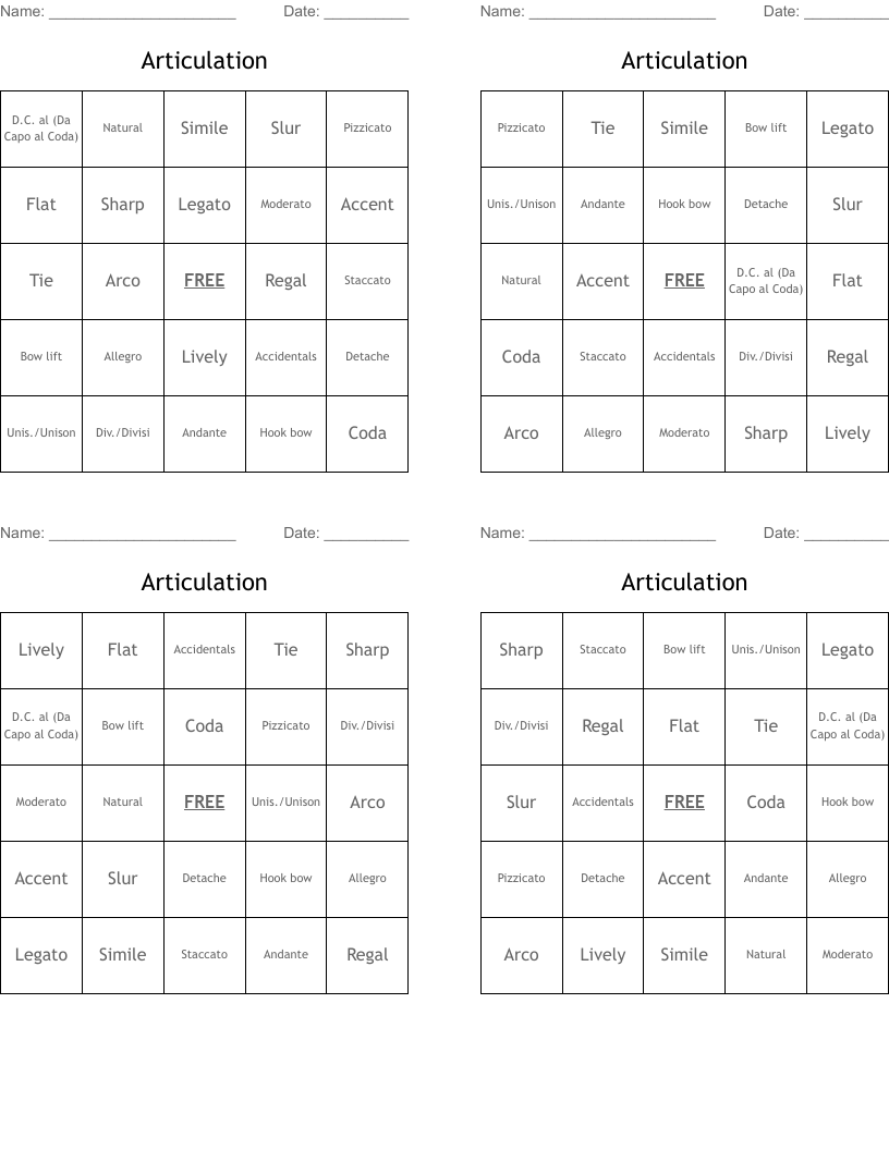 Articulation Bingo Cards