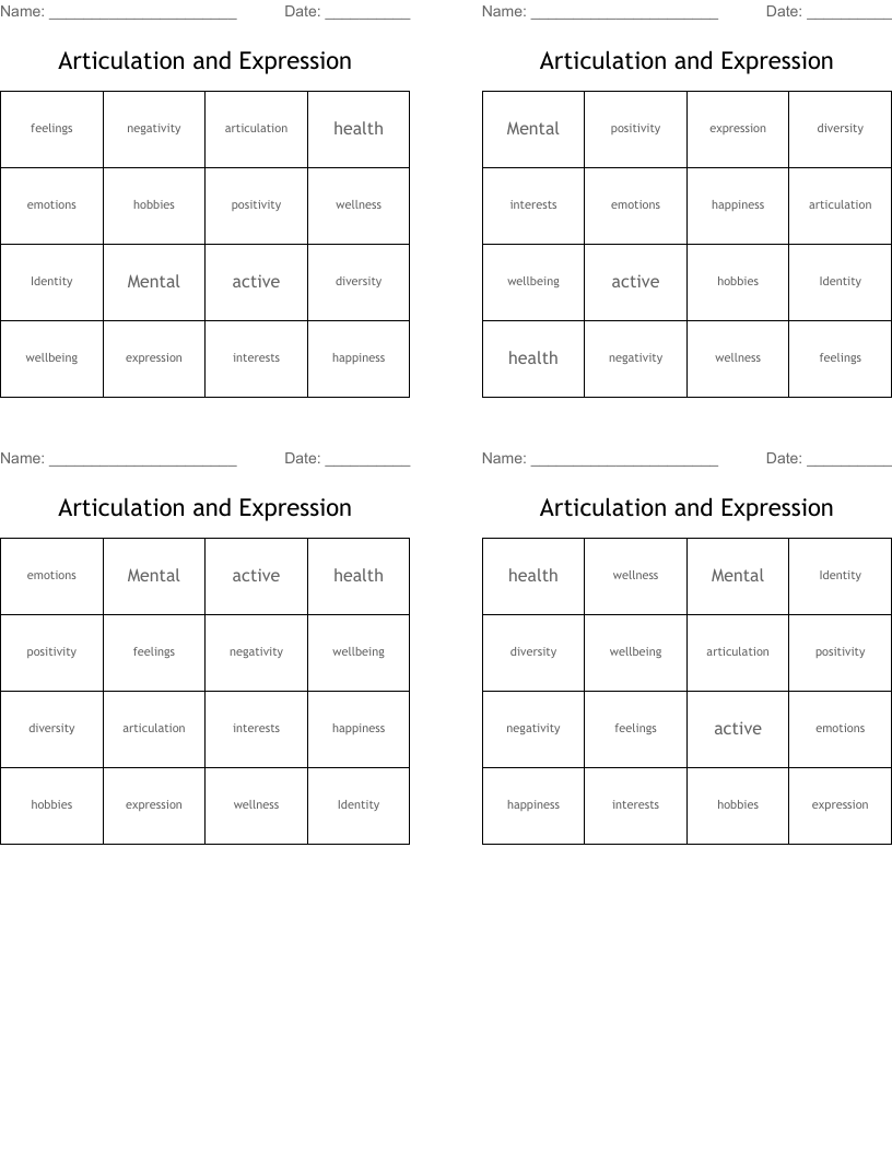 Articulation and Expression Bingo Cards