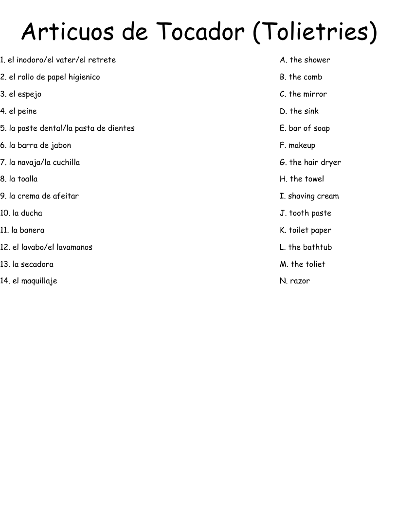 Articuos de Tocador (Tolietries) Worksheet