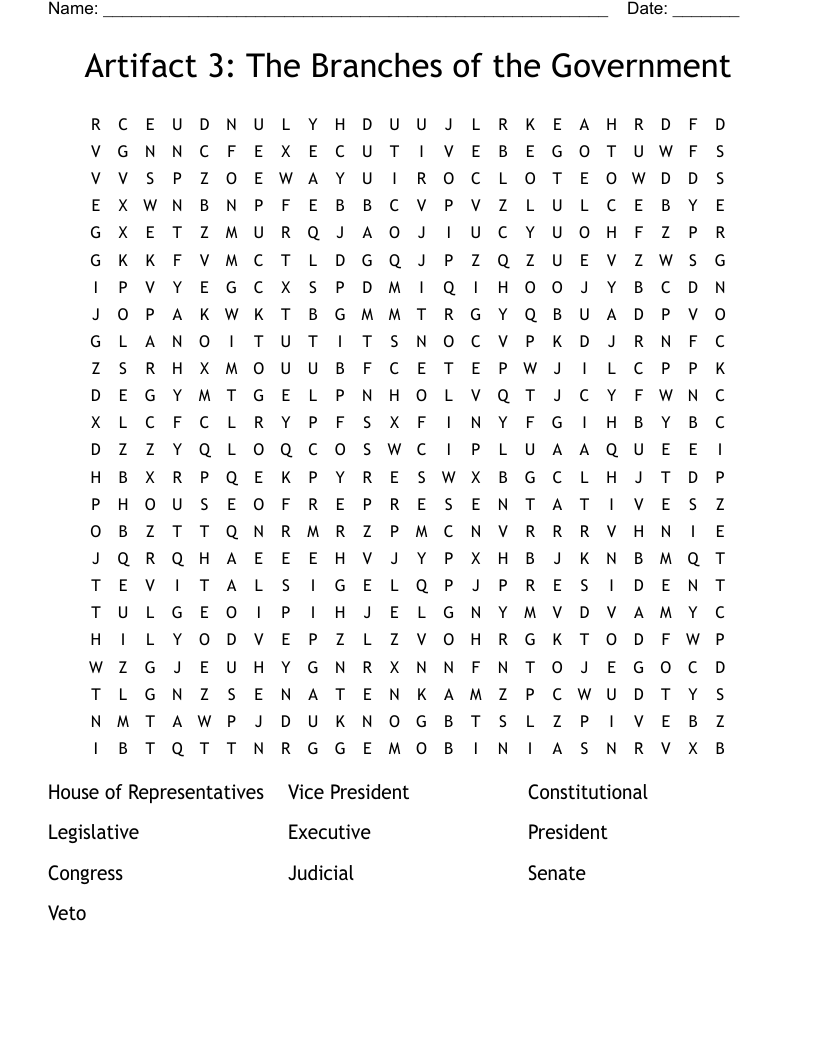 Artifact 3: The Branches of the Government Word Search
