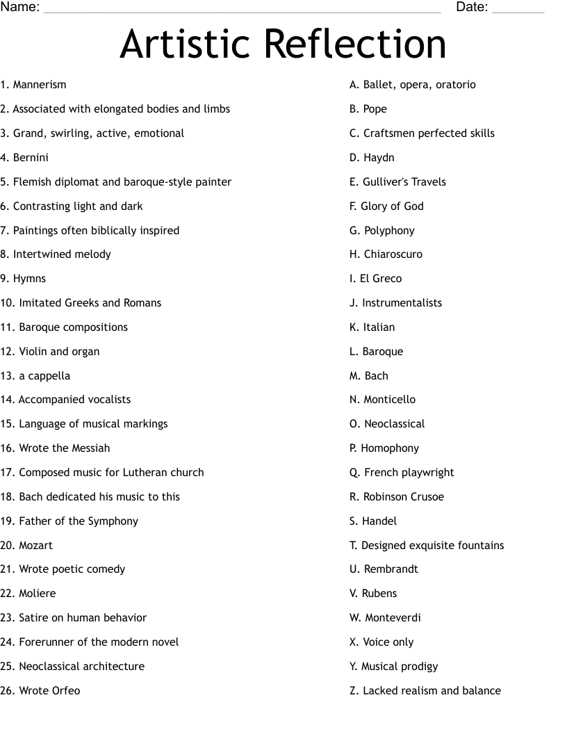 Artistic Reflection  Worksheet