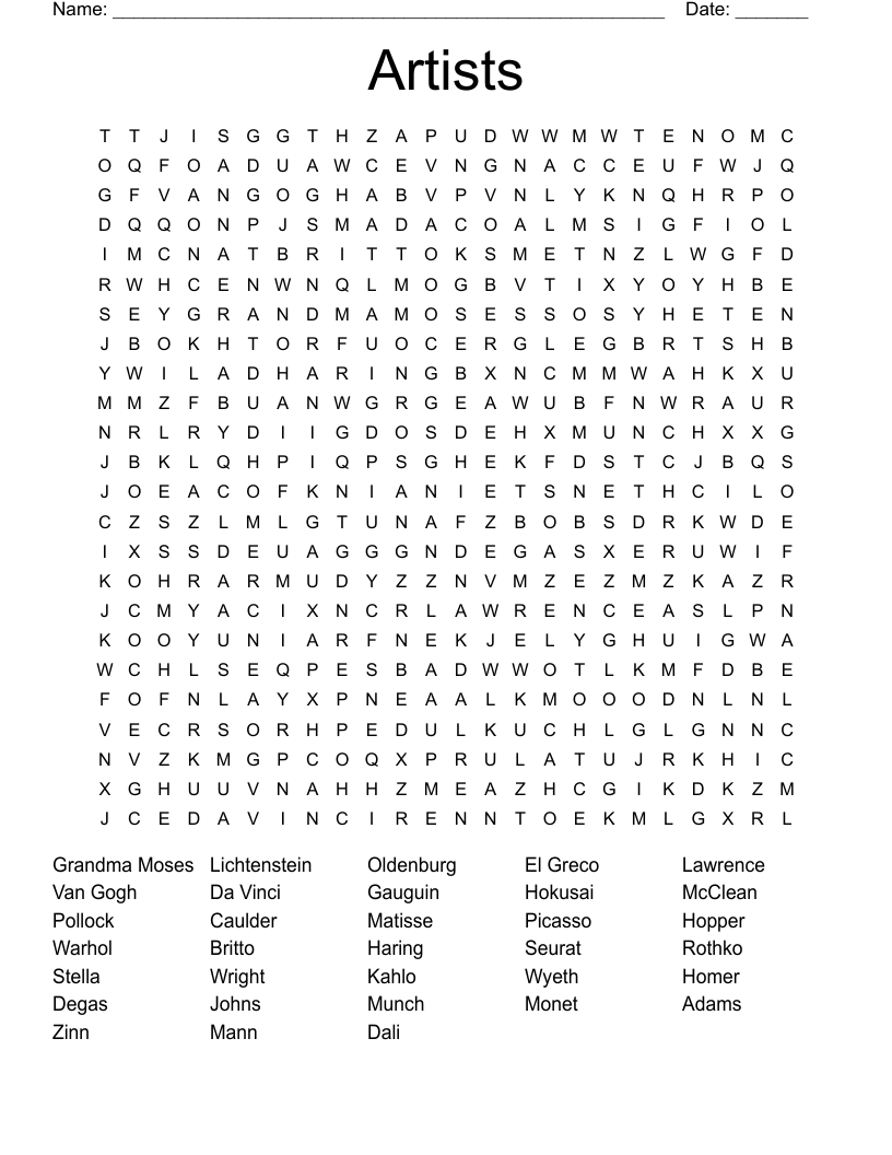 Artists Word Search