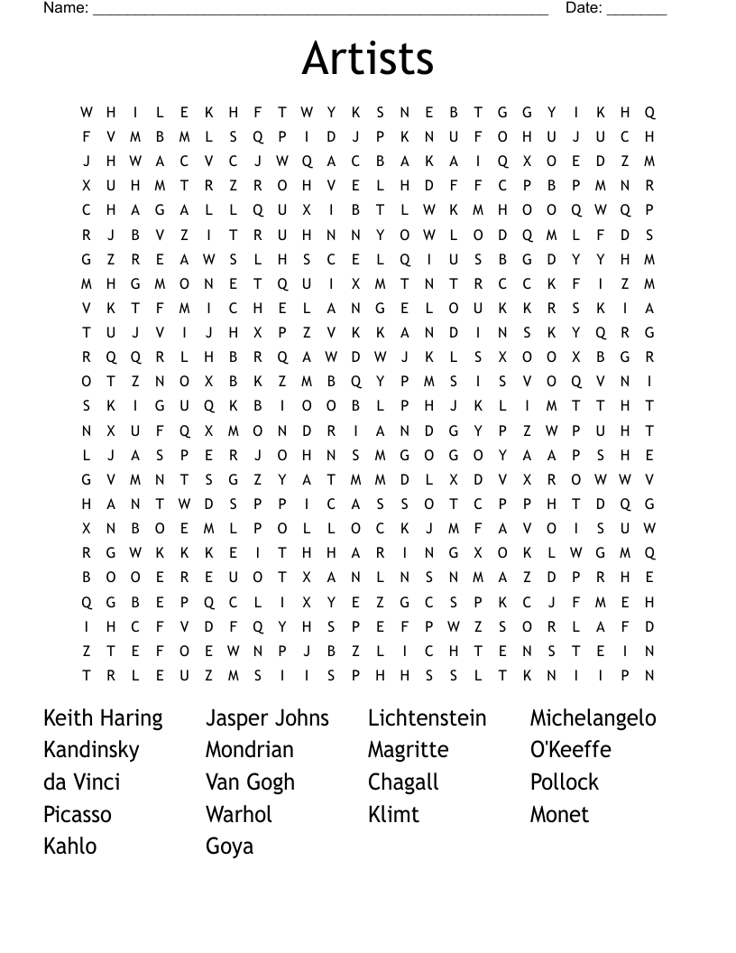 Artists Word Search