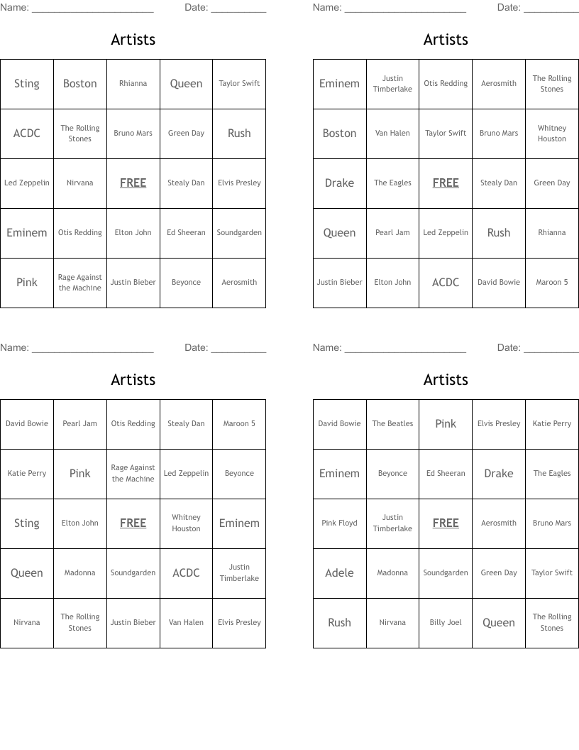 Artists Bingo Cards
