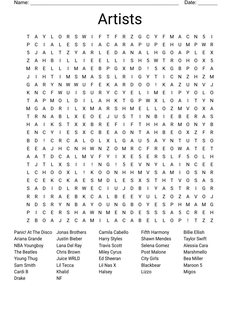 Artists Word Search