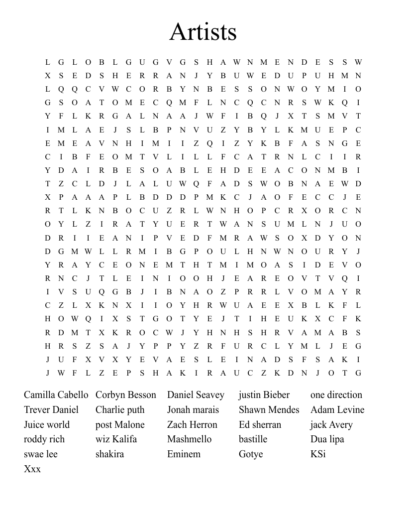 Artists Word Search