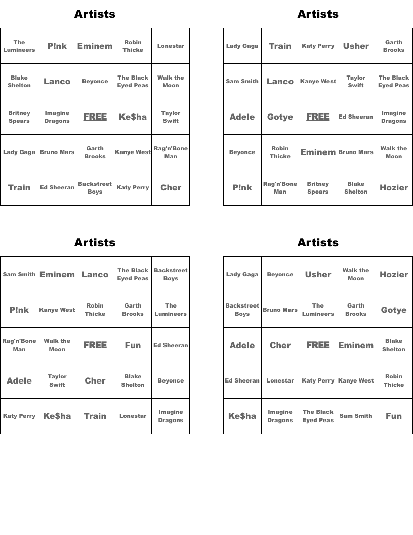 Artists Bingo Cards