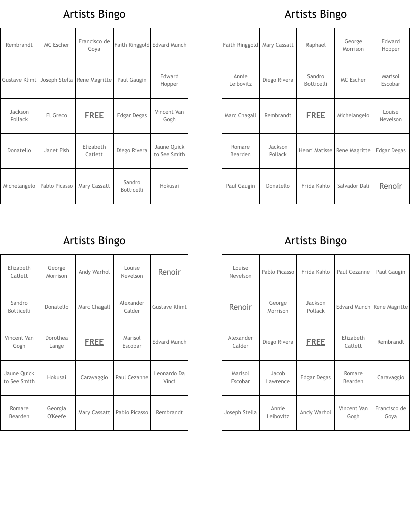 Artists Bingo