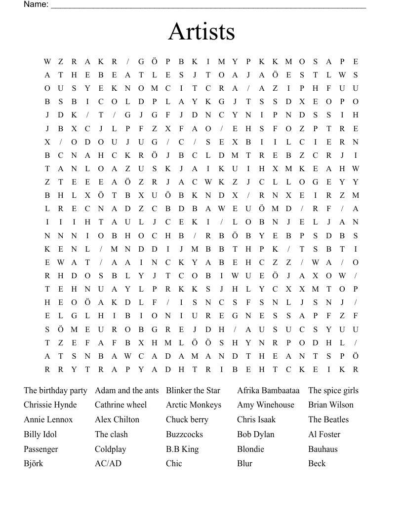 Artists  Word Search