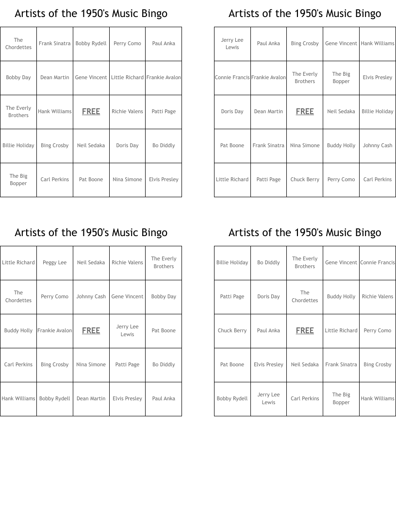 Artists of the 1950's Music Bingo
